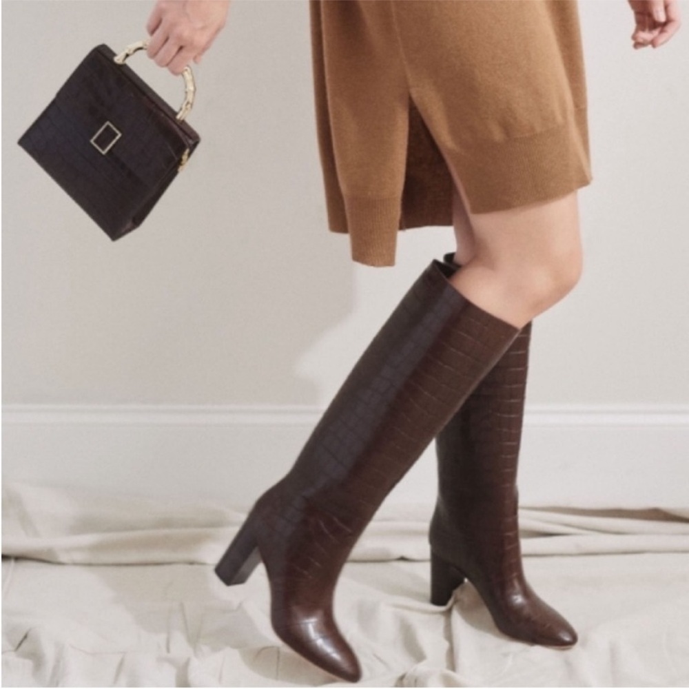 Loeffler Randall Goldy Croc Embossed Tall Boots Brown - Picture 14 of 14
